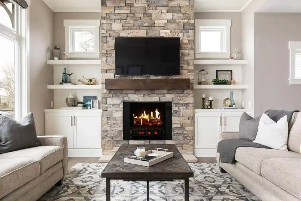 Treasure Valley Solutions TV installation above a stone fireplace in a living room