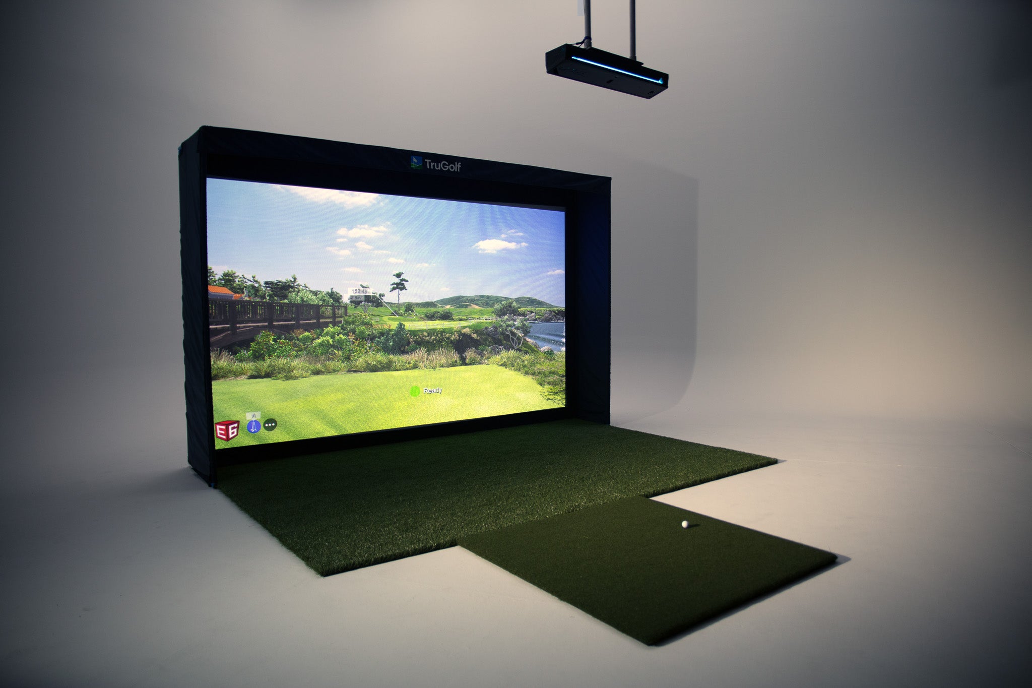 Illustrative TruGolf simulator product configuration with enclosure, projector, and software