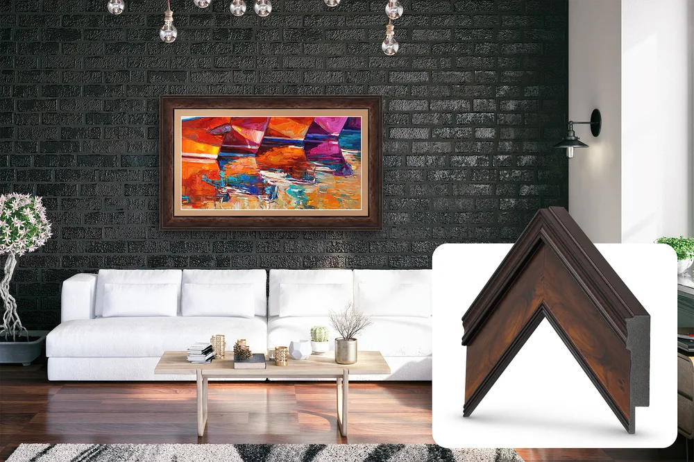 Burlwood patterned decorative frame surrounding a Samsung art TV