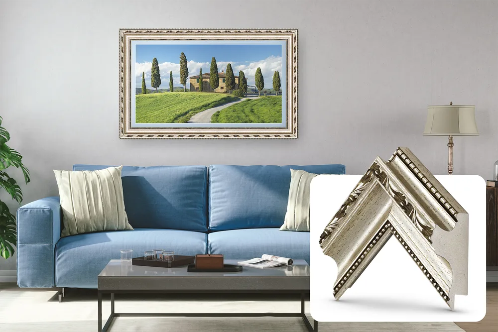 Ornate Silver decorative frame with a detailed traditional profile