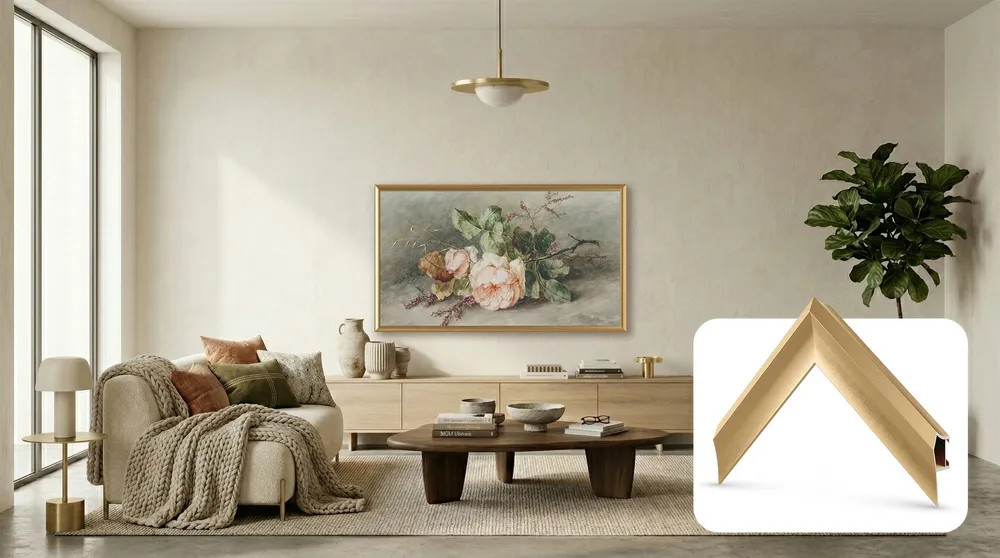 Pale Gold Prismatic alloy frame shown around an art TV