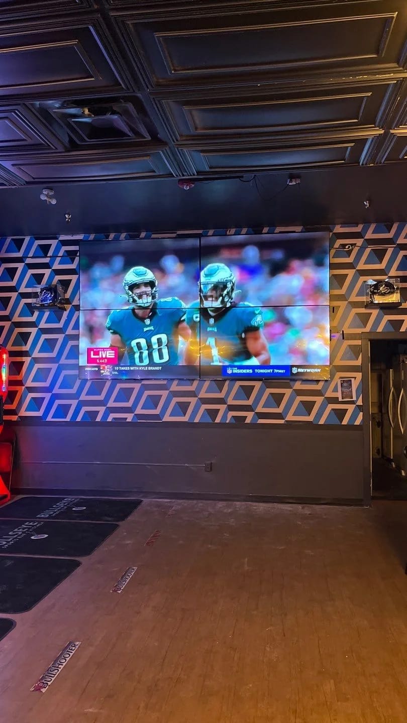 2×2 Video Wall Installation at Meridian Lanes – Bulls Eye Sports Bar & Grill - Image 1